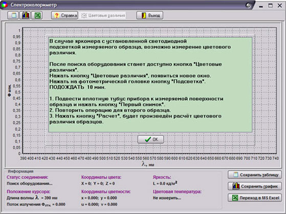 Рабочее окно программы из комплекта модели Спектроколориметр ТКА-ВД/05